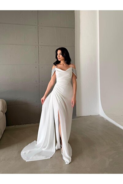 Serica Moda Βραδινό φόρεμα Y άνοιγμα με λευκό κορδόνι και λεπτομέρεια από πέτρα στον ώμο