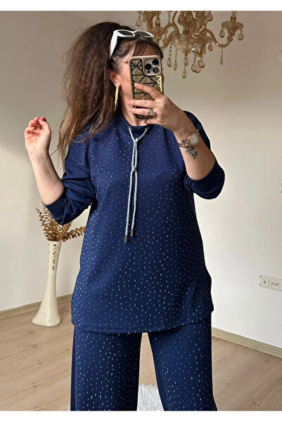 AZRA BUTİK Silvery String Lace-Up Stone Suit Navy Blue