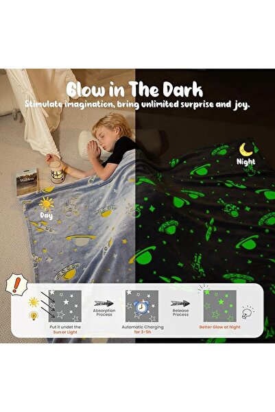 Tessari Velvety Grey Baby Blanket with Glow-in-the-Dark Planets 140 x 100 cm