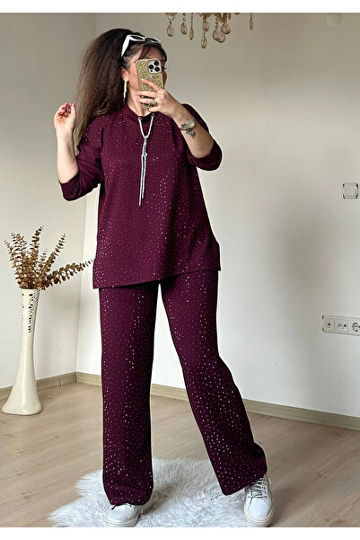 AZRA BUTİK Glittery String Lace Stone Set Burgundy