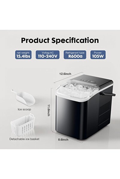 Generic Portable Ice Maker Countertop 26lbs 24H Self Cleaning 9 Bullet Cubes 6 Mins Electric Ice Machine