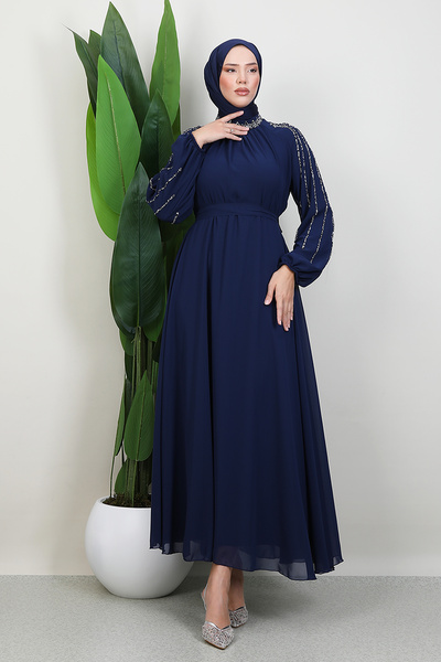 Lamia Giyim Semra Tesettür Elbise Lacivert