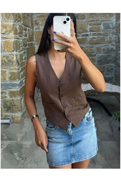 l o v m i Women's Linen Lined V-Neck Buttoned Vest