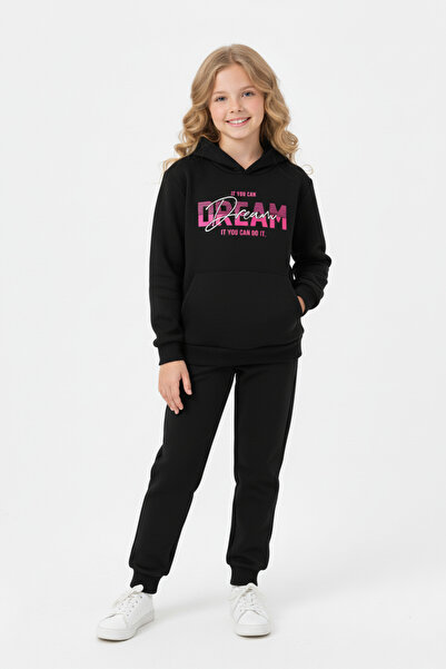 FYK KİDS Σετ αθλητικής φόρμας για κορίτσια με 3 νήματα K με κουκούλα Ş επένδυση fleece Bold Dream Print με λεπτομέρεια και τσέπη καγκουρό