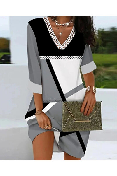 KentselBazaar Women's Fakir Sleeve V Lace Collar Geometric Print Diver Dress