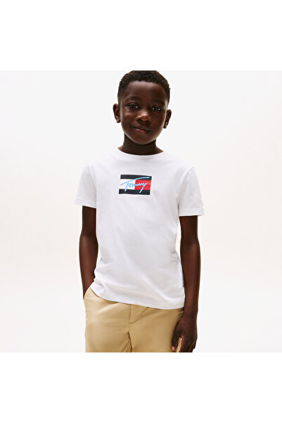Tommy Hilfiger Script Flag Print Çocuk Beyaz T-Shirt