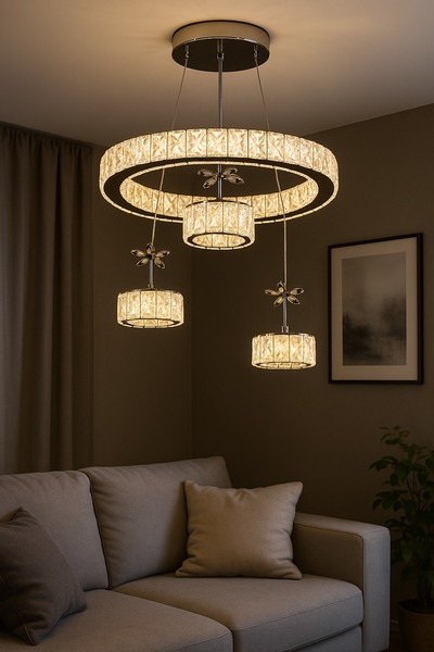 ÖZÇELİKLER Lüks Kristal Kelebek Detaylı Üçlü Sarkıt Dörtlü Halka Oval Salon LED Aydınlatma Avize