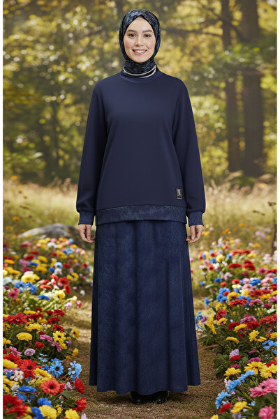 sefamerve Premium Fabric Patterned Skirt Hijab Set 0218-01 Navy Blue