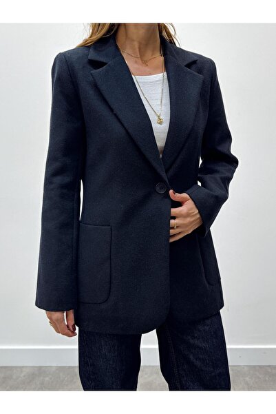 Maldia Shop Women's Elora Navy Blue Buttoned Wool Coat