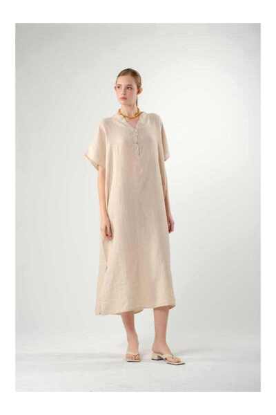 İpekçi Otantik Raw Linen Maxi Kaftan Dress Beige