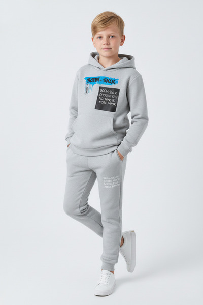 FYK KİDS Σετ αθλητικής φόρμας για αγόρια με 3 νήματα K με κουκούλα Kangaroo Pocket Winter Ş επένδυση fleece με λεπτομέρεια εκτύπωσης