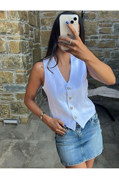 l o v m i Γυναικείο γιλέκο με λινό επένδυση με κουμπιά σε σχήμα V