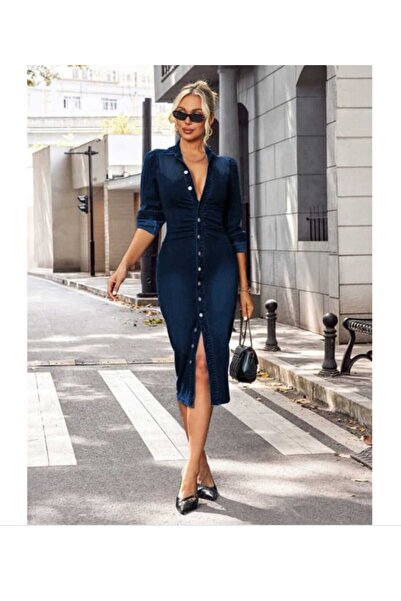 Semesia Дамска рокля с дълъг ръкав, яка и копчета отпред, от деним, с дължина...