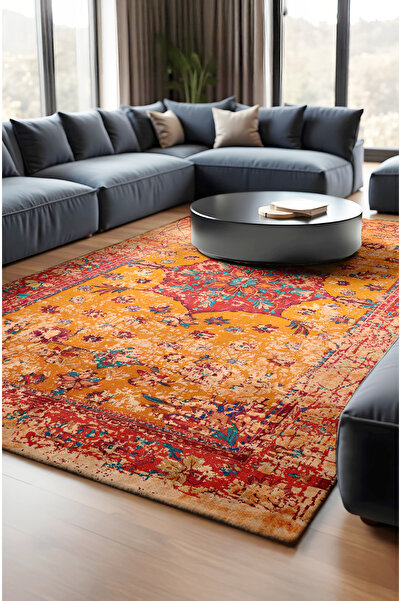 CANİLA Turuncu Renk Etnik Motifli Dijital Baskılı Dokuma Tabanlı Şönil Halı