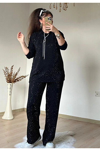 AZRA BUTİK Glittery String Lace-Up Stone Set Black