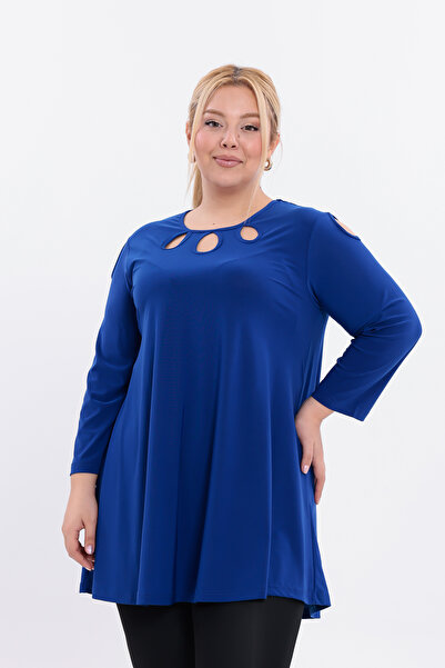 HELVEYS Modern & Stylish Cut Flexible Stretch Fabric Neckline Detail Long Sleeve Crew Neck Sandy Plus Size Blouse 5013
