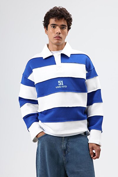 VAMOSCLO Oversized Striped Printed Sweatshirt Ecru