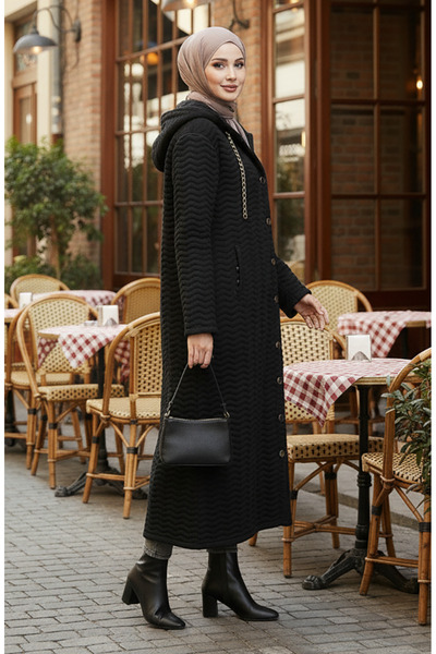 sefamerve Παλτό με ρίγες και καπιτονέ με λεπτομέρεια αλυσίδας 0217-02 Μαύρο