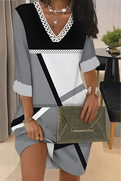 KentselBazaar Women's Fakir Sleeve V Lace Collar Geometric Print Diver Dress