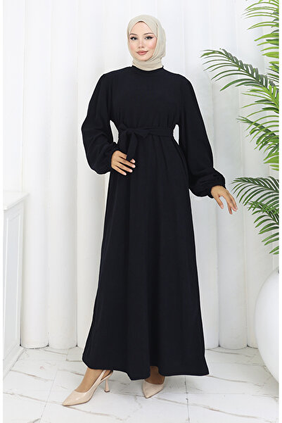 sefamerve Belted Dress with Elasticated Sleeves 2161-04 Navy Blue