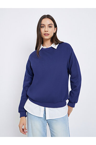 Take Two By Styli Navy Blue Solid Round Neck Sweatshirt