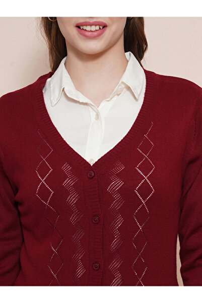 Globus By Styli Women Maroon Ribbed Hem Cardigan Sweater