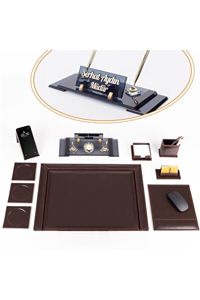 Ofistike 10 Parça Eskitme Desenli Kahverengi Deri Sümen Takımı ve Kristal Mas...