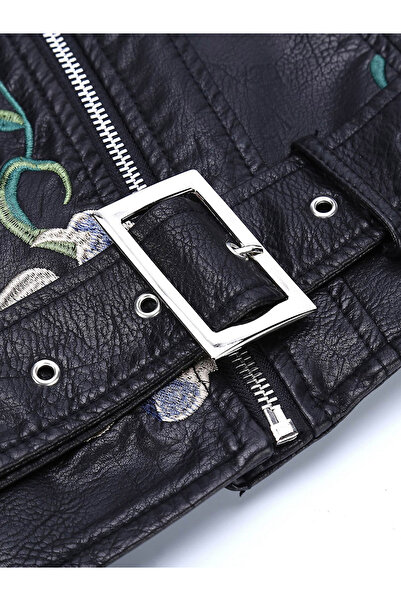 Take Two By Styli Black Floral Embroidered Biker Jacket