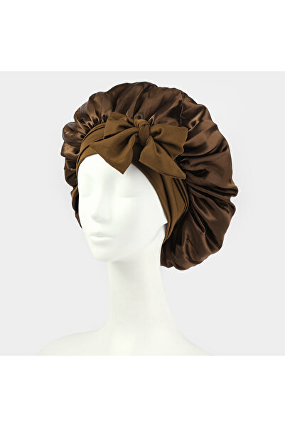 OEM Satin sleep cap, adjustable straps for a secure fit, protects curly or straight hair, coffee color