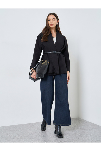 Take Two By Styli Black Wool Like Belted Wrap Coat