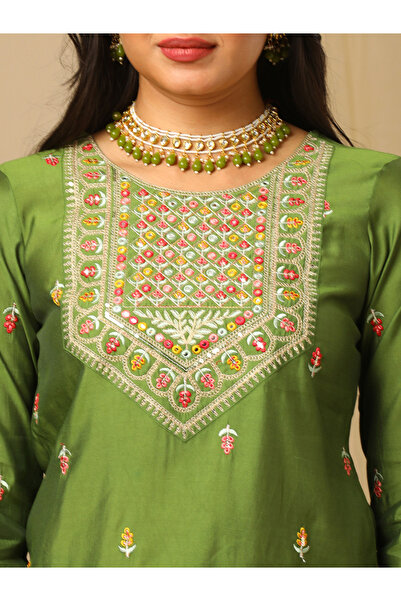 Globus By Styli Green Floral Embroidered Kurta with Sharara and Lace Detail Dupatta Set