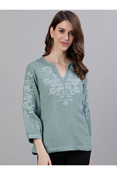 Ishin By Styli Green Floral Embroidered Top
