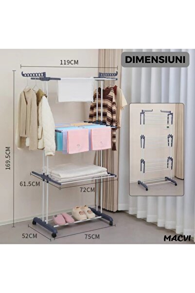 MACVI Macvi® vertical clothes dryer, with 3 drying levels, mobile and foldable, hanger holder, gray