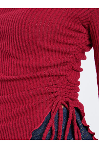 Styli Burgundy Ribbed Asymmetric Hem Long Sleeve Top