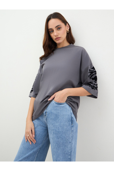 Styli Charcoal Embroidered Sleeve Oversized T-Shirt
