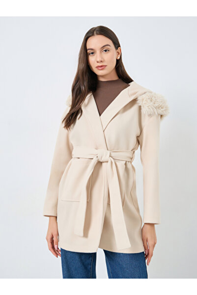 Take Two By Styli Faux Fur Hooded Coat with Tie Belt