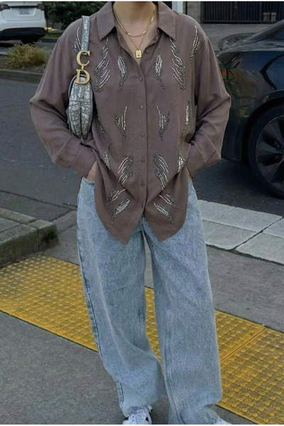 FEMELLE Brown Oversized Shirt with Beading (Compatible with Size 48 and Below)