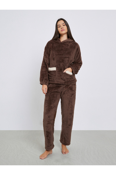Styli Bear Ears Hooded Contrast Pocket Top and Pyjama Set