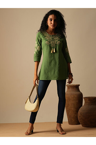 Globus By Styli Tie-Up Neck Embroidered Yoke Workwear Tunic