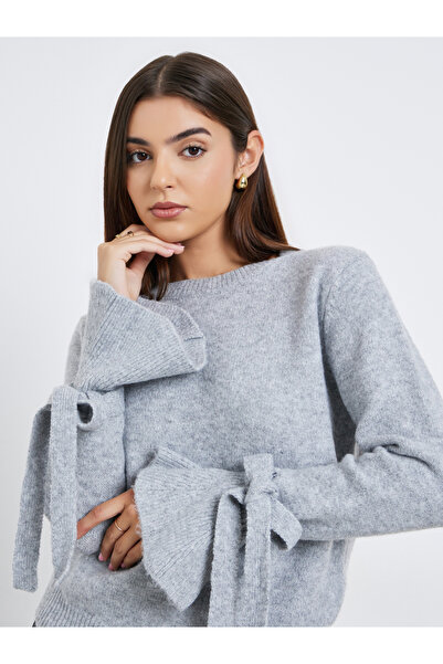 Take Two By Styli Women Grey Solid Bow Detail Flared Cuff Sweater