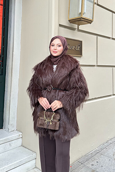 LOCCO Γυναικείο παλτό με λεπτομέρεια με ζώνη με δαχτυλίδι, καφέ πικρό