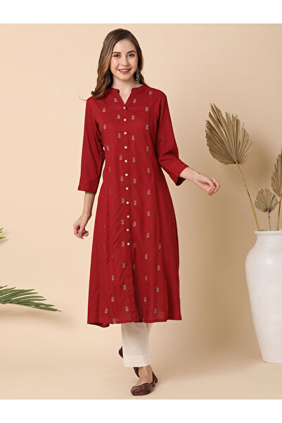 Globus By Styli Mandarin Collar Floral Embroidered Panelled A-Line Kurta