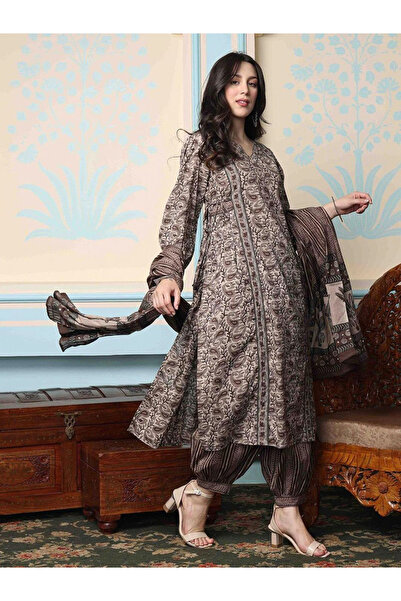 Ishin By Styli Brown Cotton Kurta and Pants with Dupatta Set