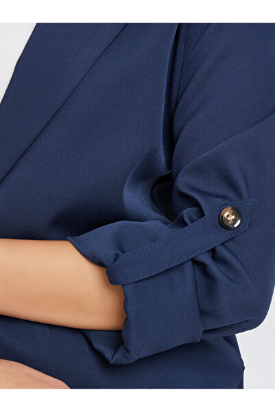 Take Two By Styli Women Navy Blue Solid Roll Up Sleeve Blazer