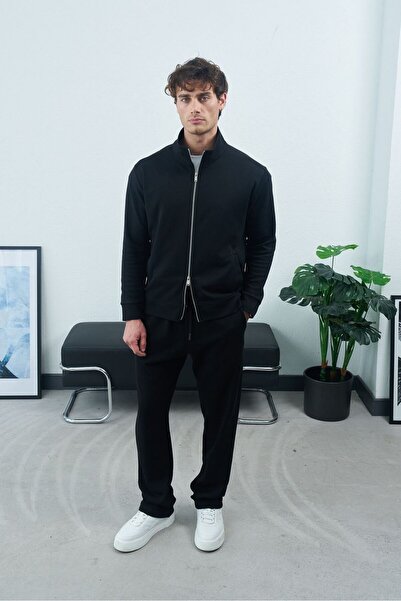 TÜZeMEN Textured Mock Neck Double Zipper Sweat Jacket