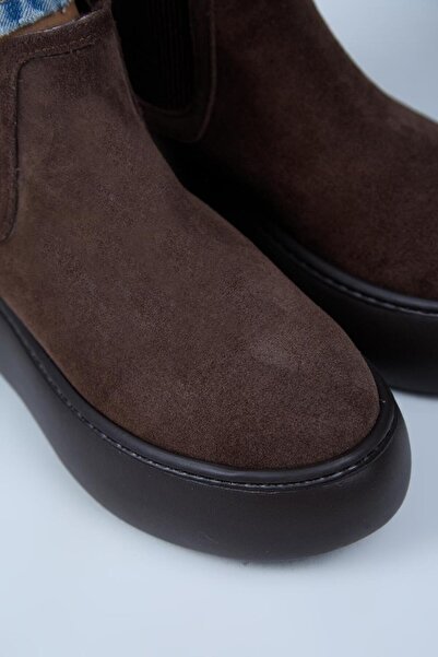 Manijero Ove Women's Leather Elastic Brown Boots with Fur Inside