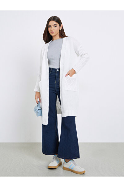 Take Two By Styli White Front Open Knit Midi Cardigan
