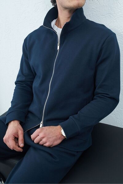 TÜZeMEN Textured Mock Neck Double Zipper Sweat Jacket