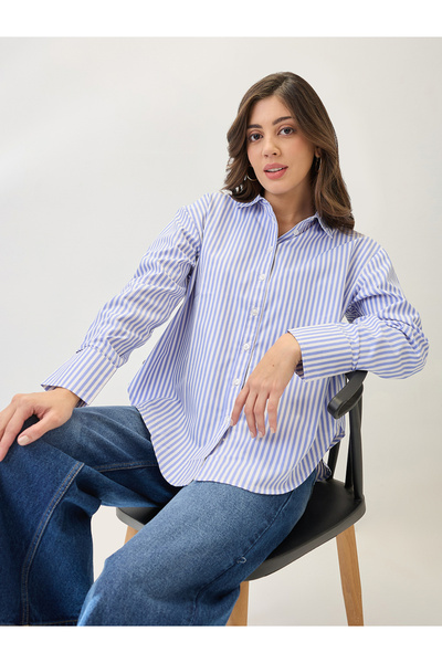 Globus By Styli Blue Striped Oversized Shirt
