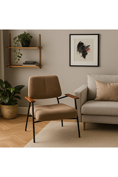 Ebticar Brown Fabric Armchair with Wooden Arms – Classic and Timeless Style